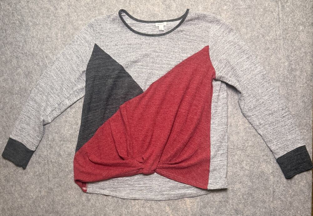 Westport Womens XL Gray Red Colorblock Twist Front Knit Top Long Sleeve Pullover